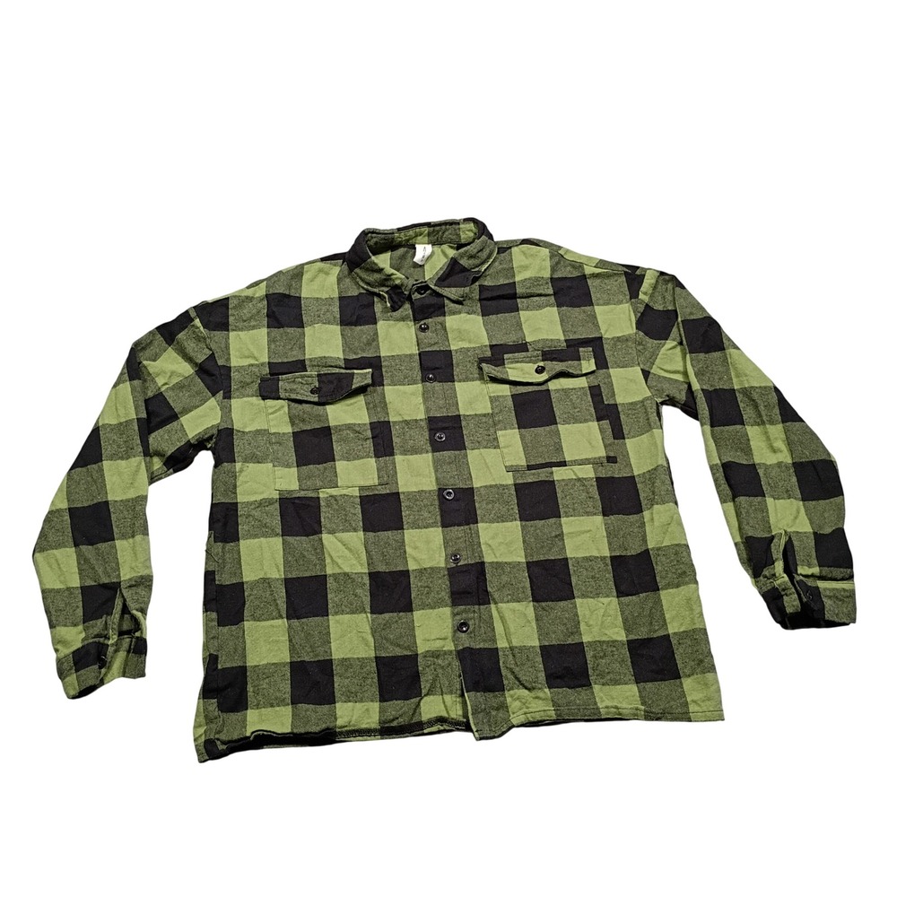 CHICYEA Flannel Shirt Womens L Oversized Button Down Green Black Buffalo Plaid